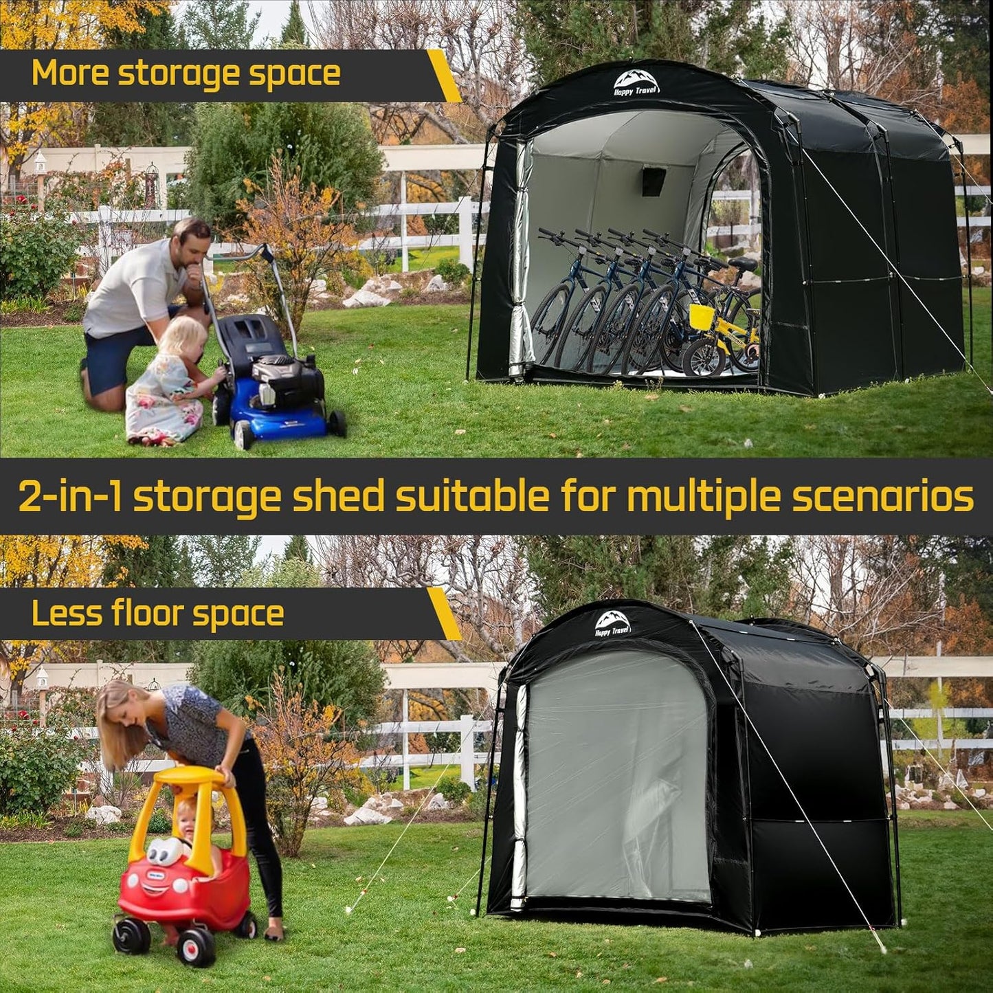 Happy Travel Bike Storage Tent, Outdoor 8×7×6.3ft Large 2-in-1 Portable Shed More 30% Top Space W/Double Doors with Mesh, Outside Lawn Mower Shelter and Bicycle Cover for Patio Furniture, Garden Tools