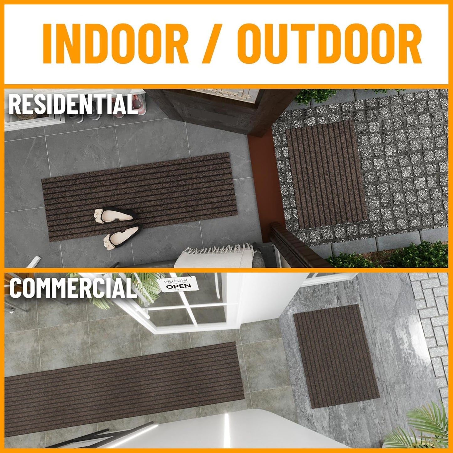 Ottomanson 2'7" x 46' Hallway Runner with Scraper Pile - Extra Durable Non-Slip Rug Mat for Indoor & Outdoor Use - Ideal for Kitchen, Entryway & Garage - High-Traffic Carpet, Brown