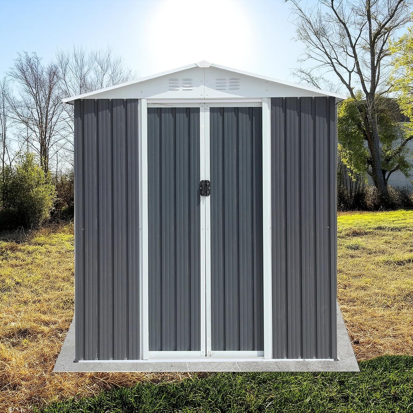 6x4 FT Outdoor Metal Storage Shed, Waterproof Outside Garden Sheds w/Lockable Sliding Doors and Vents, Weather Resistant Steel Tool Storage House for Backyard, Patio, Lawn, Grey