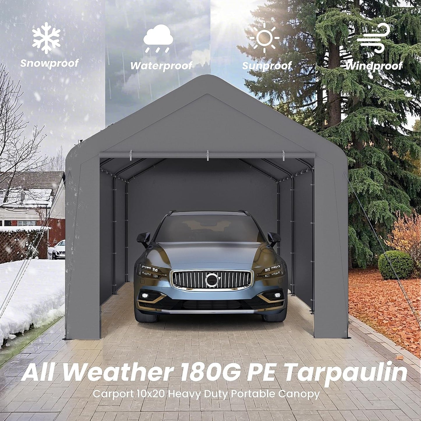 Carport 10x20 Heavy Duty Portable Garage w/Removable Sidewalls & Roll-Up Door Car Canopy Party Tents Waterproof UV Resistant All Weather Car Port for Trucks,Boats(Grey)