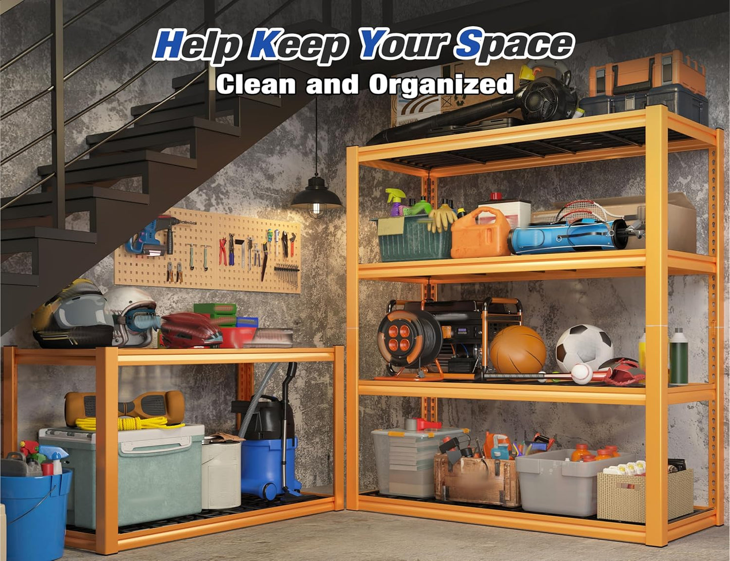 REIBII 40" W Garage Shelving Heavy Duty Metal Shelving 2200LBS Storage Shelves 4 Tier Garage Shelves Adjustable Metal Shelf for Warehouse Basement Pantry Kitchen 40" W x 19.7" D x 59.9" H, Orange