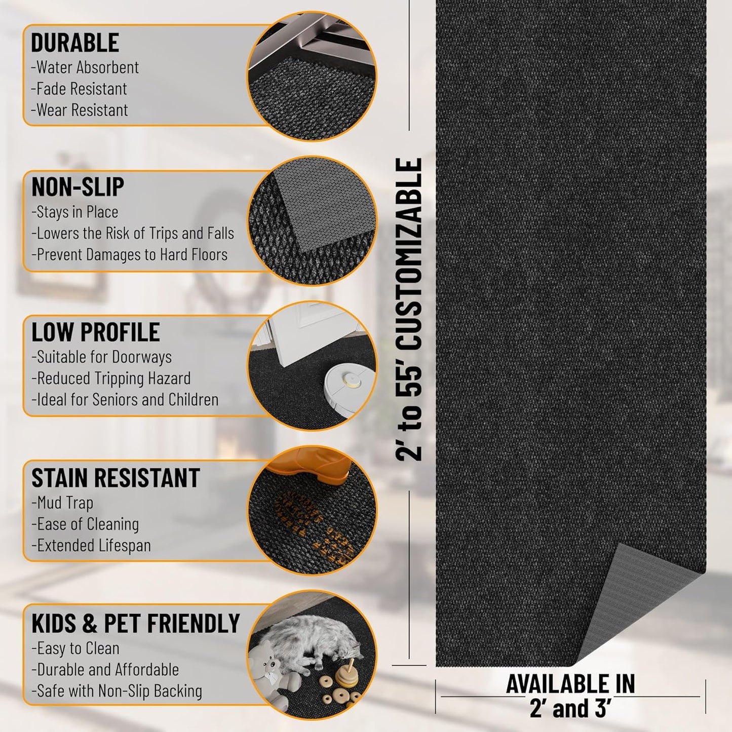 Ottomanson 2'7" x 13' Hallway Runner with Scraper Pile - Extra Durable Non-Slip Rug Mat for Indoor & Outdoor Use - Ideal for Kitchen, Entryway & Garage - High-Traffic Carpet, Black