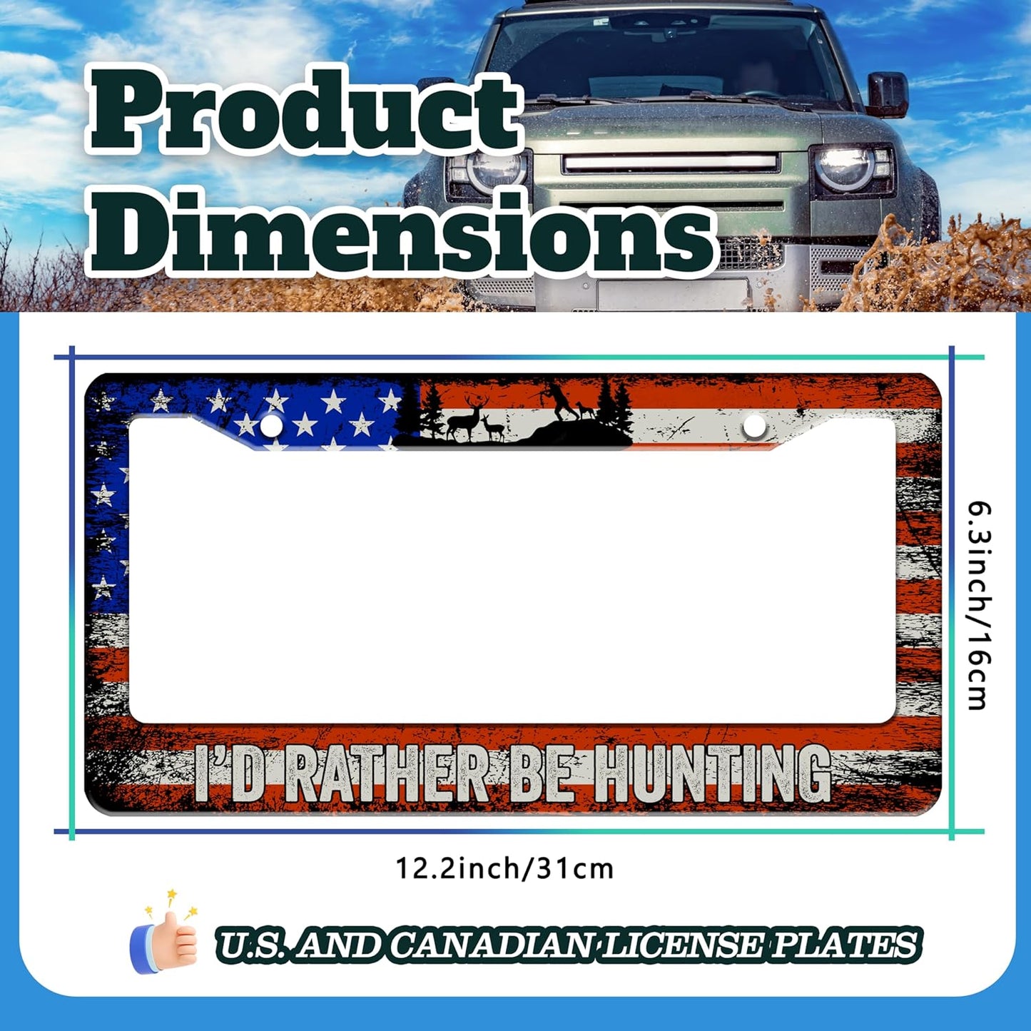 I'd Rather Be Hunting License Plate Frame Retro American Flag License Plate Holder for Front or Rear Car Tags Durable Stainless Steel Car Funny Decoration with Screws 6.3 X 12.2 Inch for Men Women