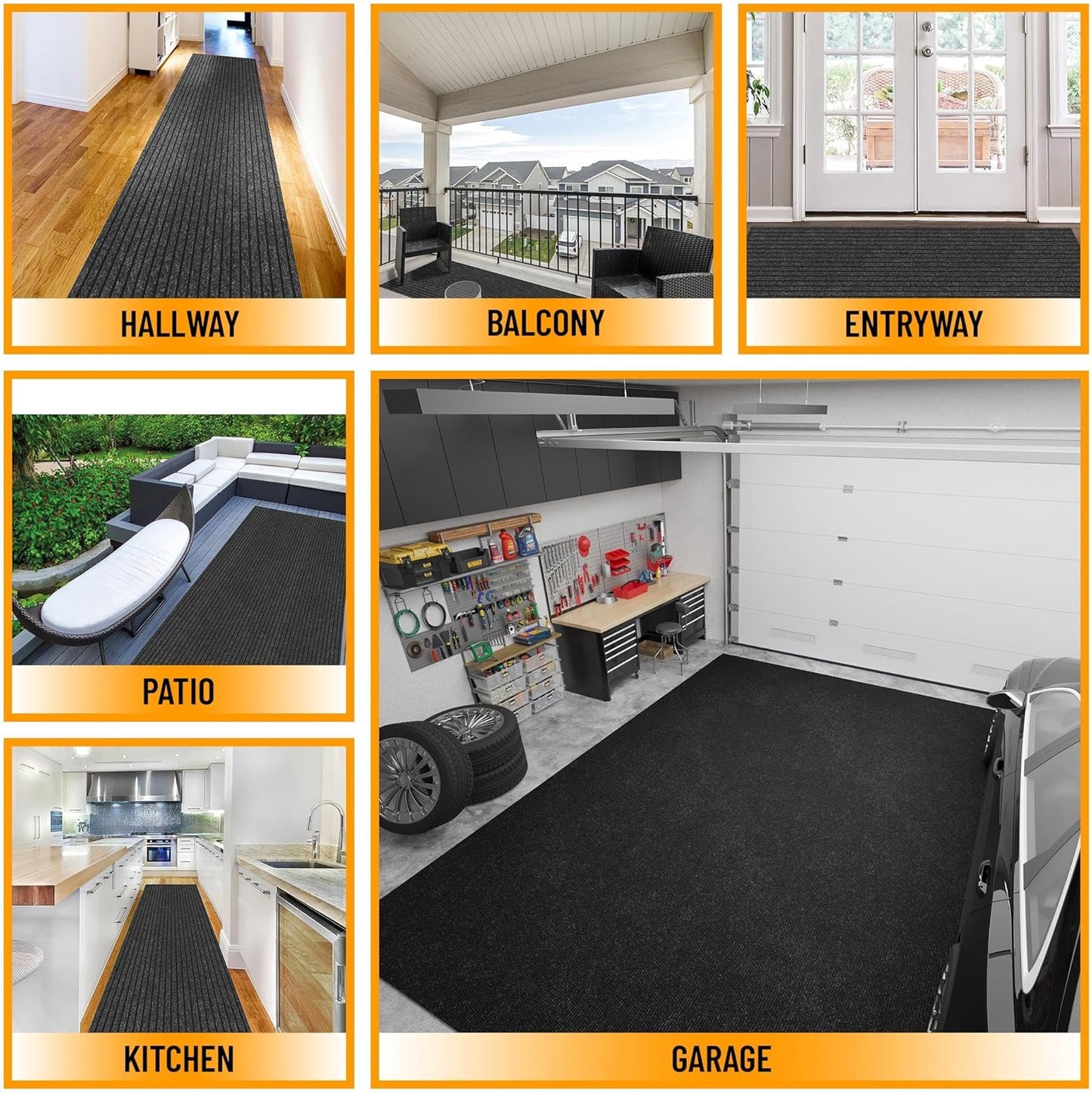 Ottomanson 2' x 7' Hallway Runner with Scraper Pile Extra Durable Non-Slip Rug Mat for Indoor & Outdoor Use - Ideal for Kitchen, Entryway, Patio & Garage - High-Traffic Carpet, Black