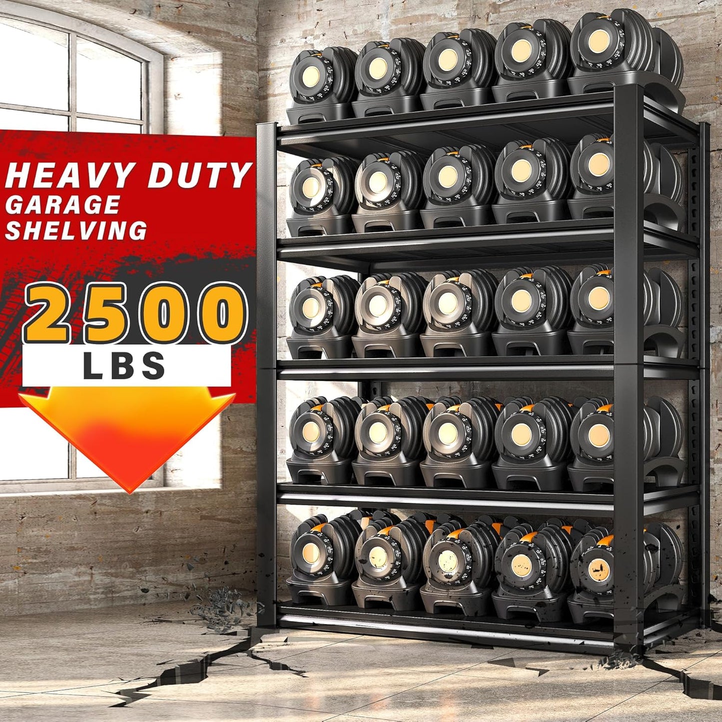 REIBII 40" W Garage Shelving, Heavy Duty Storage Shelves Load 2500LBS, 5-Tier Adjustable Metal Shelving, Garage Shelves for Warehouse, Pantry, Basement, 72" H x 40" W x 18" D, 4Pack