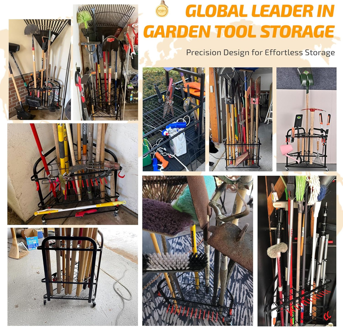 PLKOW Garden Tool Organizer with Wheels and Storage Hooks, Rolling Corner Tool Storage Rack for Garden, Shed, Garage, Powder Coated Steel, Black