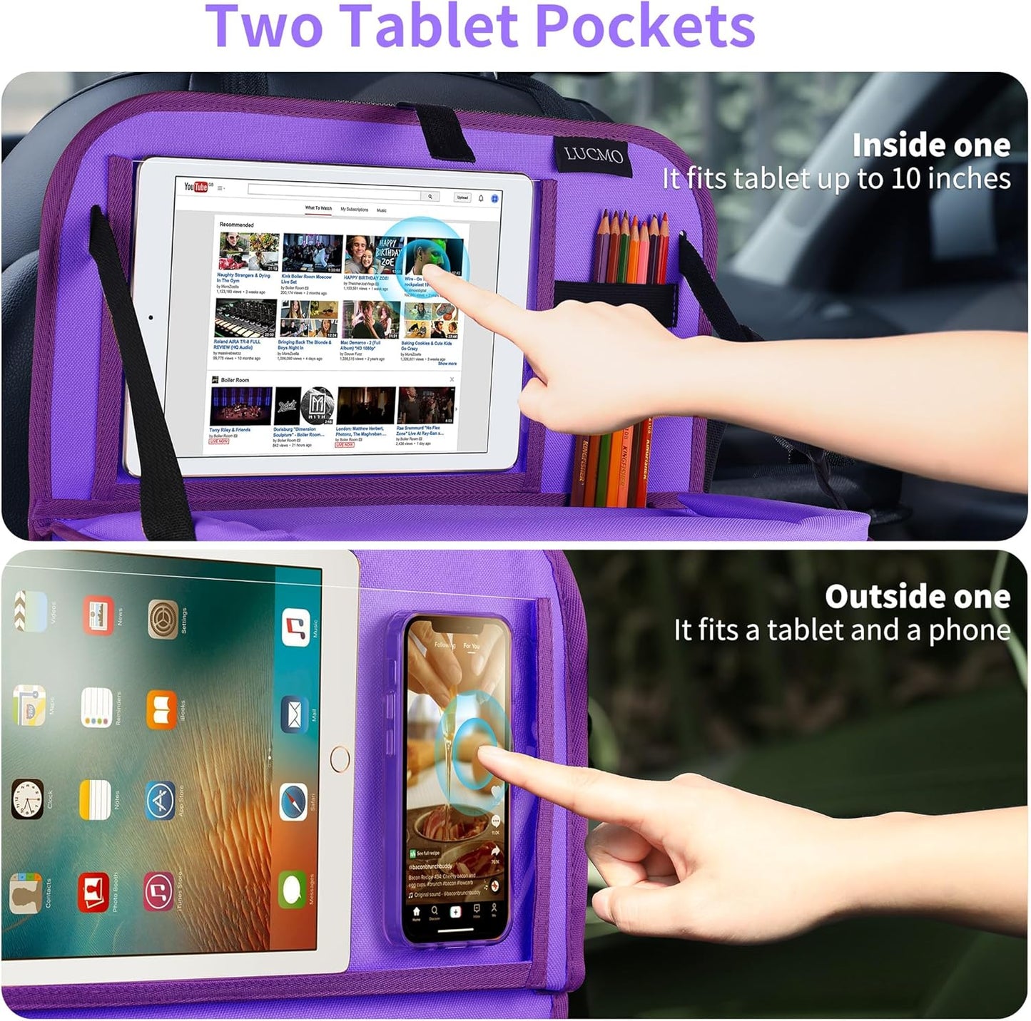 LUCMO Car Backseat Organizer with Tablet Holder-2 Pcs,6 Storage Pockets Car Storage Organizer with Foldable Food Tray,Protectors Kick Mats Travel Accessories-Dark Purple