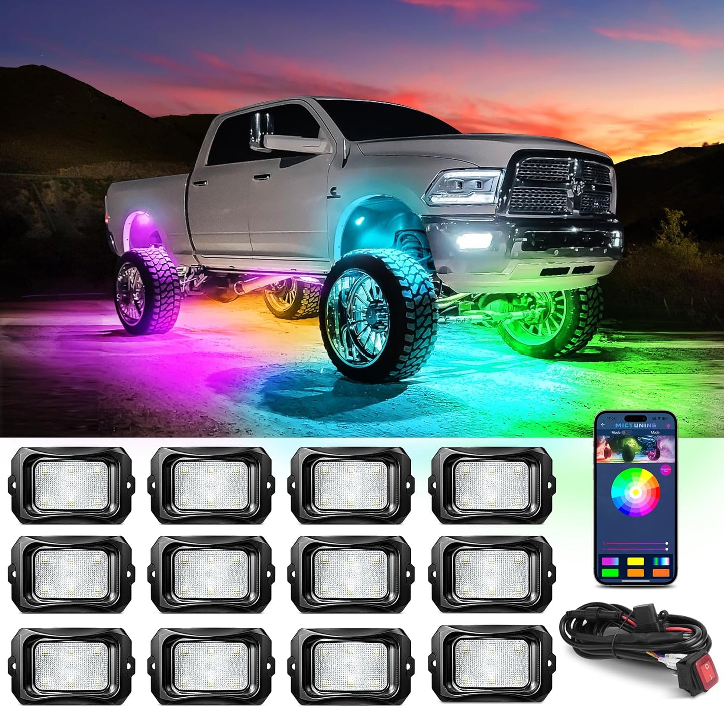 MICTUNING C2 Max RGB+IC Chasing Color LED Rock Lights - 12 Pods Underglow Lighting Kit, Dynamic Lighting Modes, Extensible Up to 24 Pods with Stable APP Control, IP68 Waterproof, DIY Effect