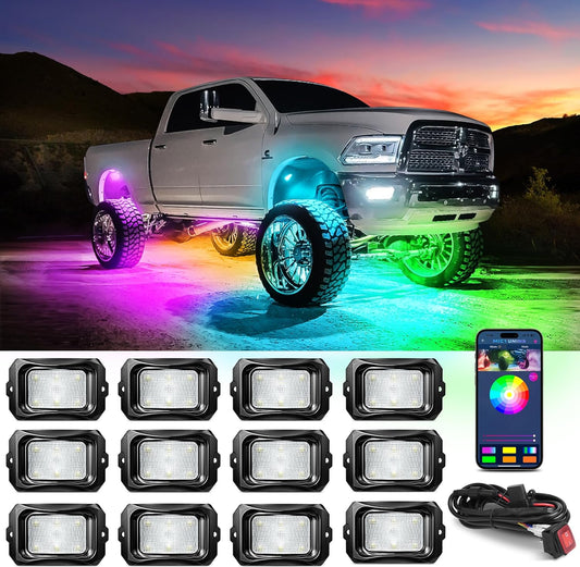 MICTUNING C2 Max RGB+IC Chasing Color LED Rock Lights - 12 Pods Underglow Lighting Kit, Dynamic Lighting Modes, Extensible Up to 24 Pods with Stable APP Control, IP68 Waterproof, DIY Effect