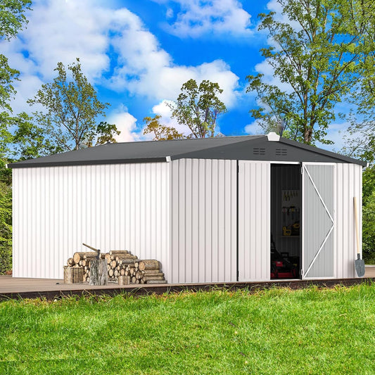 AECOJOY 12' x 12' Outdoor Storage Shed, Large Metal Sheds & Outdoor Storage Clearance Steel Yard Shed with Lockable Doors, Utility and Tool Storage Garden Shed for Backyard, Patio and Outside