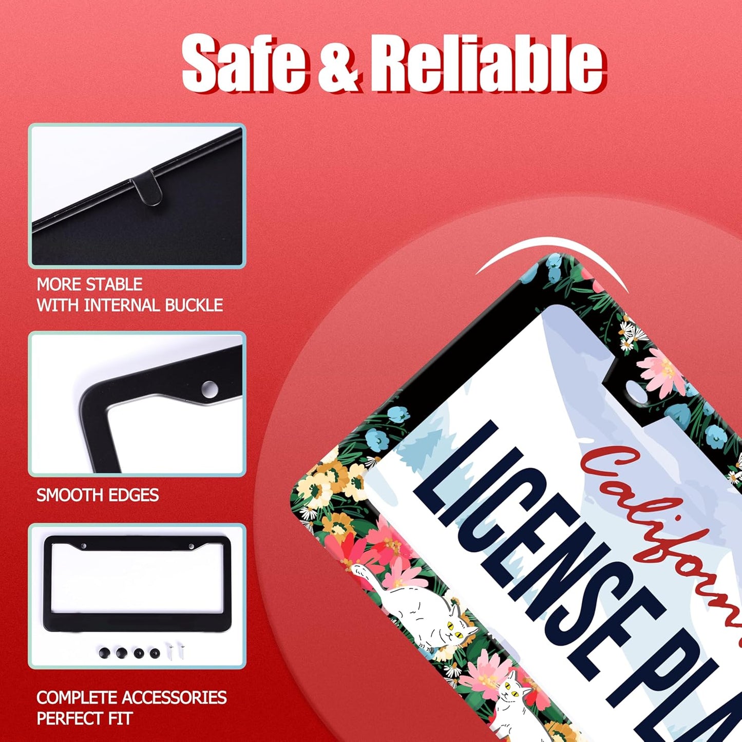 Personalized License Plate Frame Cat Flowers Stainless Steel Accessory Pet License Plate Holder Funny Car Decorative 2 Holes Screws Fits Us Standard License Plates 12.2 X 6.3 in for Men Women