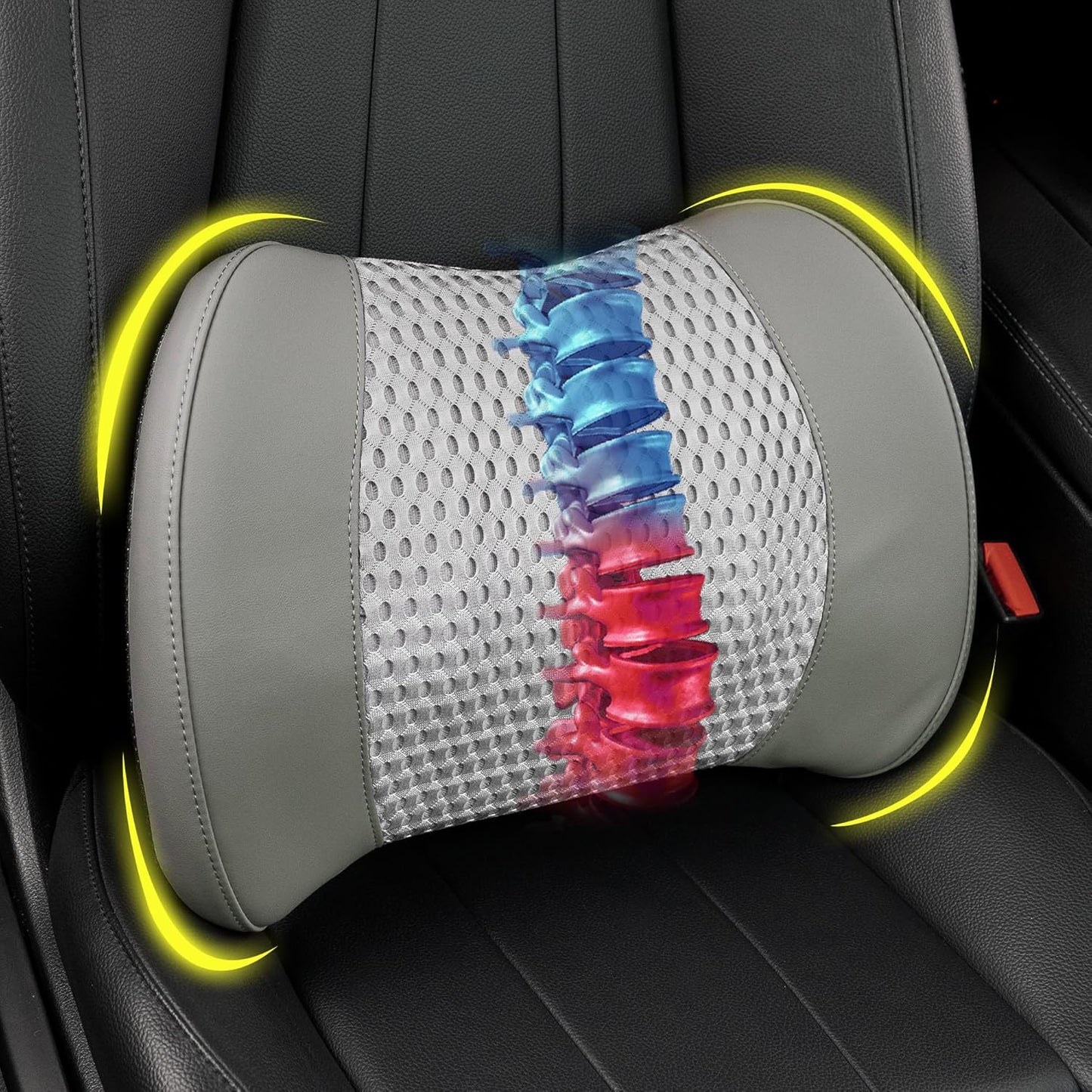 Memory Foam Lumbar Support Cushion Relieves Lower Back Pain for Car, Office Chair, and Wheelchair Use, 4D Mesh Cover, Gray