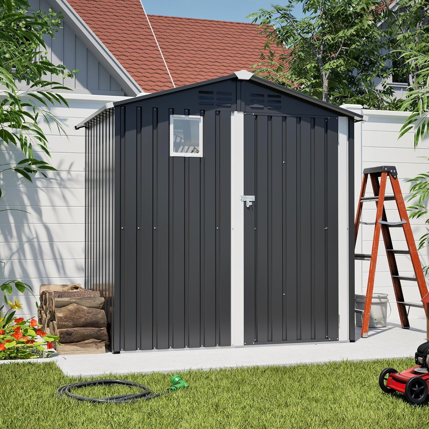 6x4 FT Outdoor Storage Shed,Metal Shed with Window,Garden Shed W/Dual Air Vents & Lockable Sliding Door,All Weather Waterproof Tool House W/Sloped Roof,for Patio,Yard,Lawn,Black