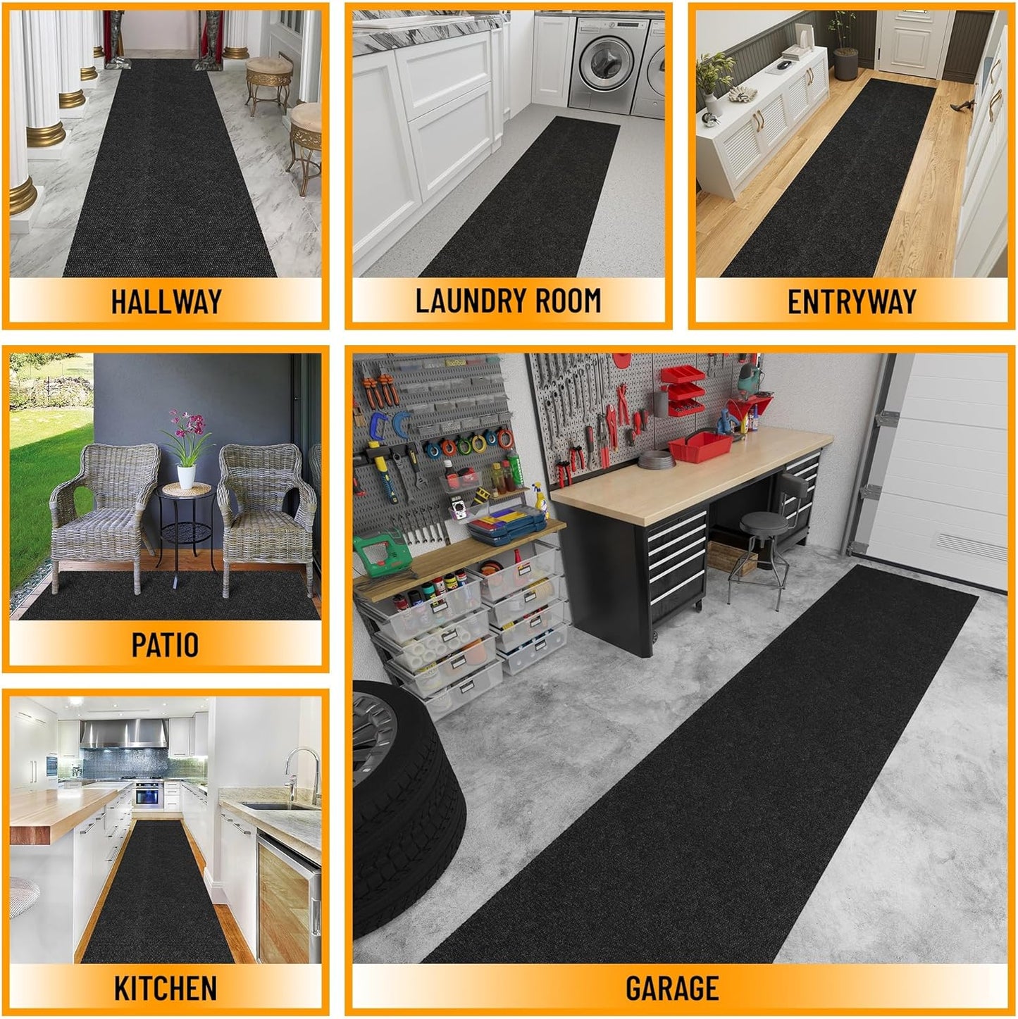 Ottomanson 2' x 39' Hallway Runner with Scraper Pile Extra Durable Non-Slip Rug Mat for Indoor & Outdoor Use - Ideal for Kitchen, Entryway, Patio & Garage - High-Traffic Carpet, Black