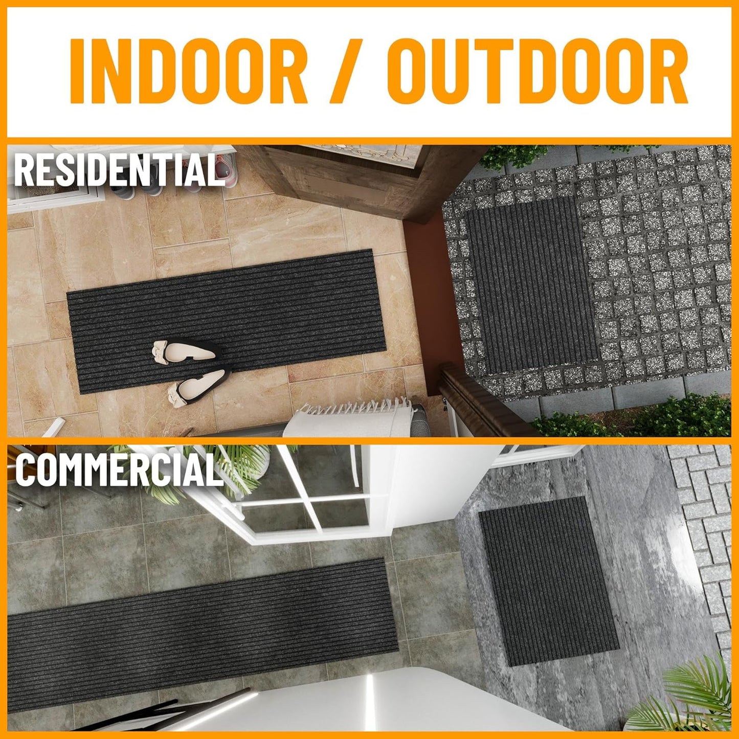 Ottomanson 2' x 17' Hallway Runner with Scraper Pile Extra Durable Non-Slip Rug Mat for Indoor & Outdoor Use - Ideal for Kitchen, Entryway, Patio & Garage - High-Traffic Carpet, Black