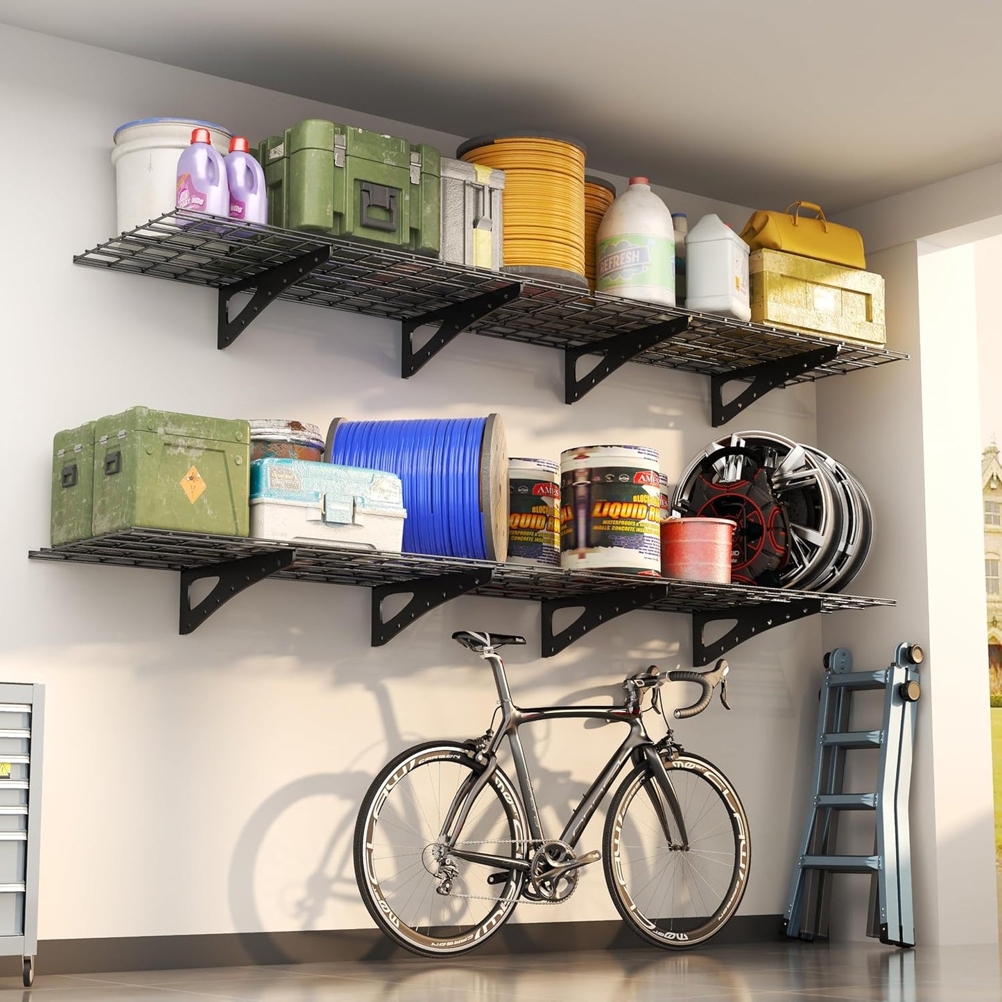 4Pack 2x6ft Garage Shelving Wall Mounted, 2400 Lbs Heavy Duty Garage Wall Shelving Storage Shelves for Basement, Laundry Room, Heavy Duty Floating Shelves Holds Up to(Black), 70.86" x 23.6"