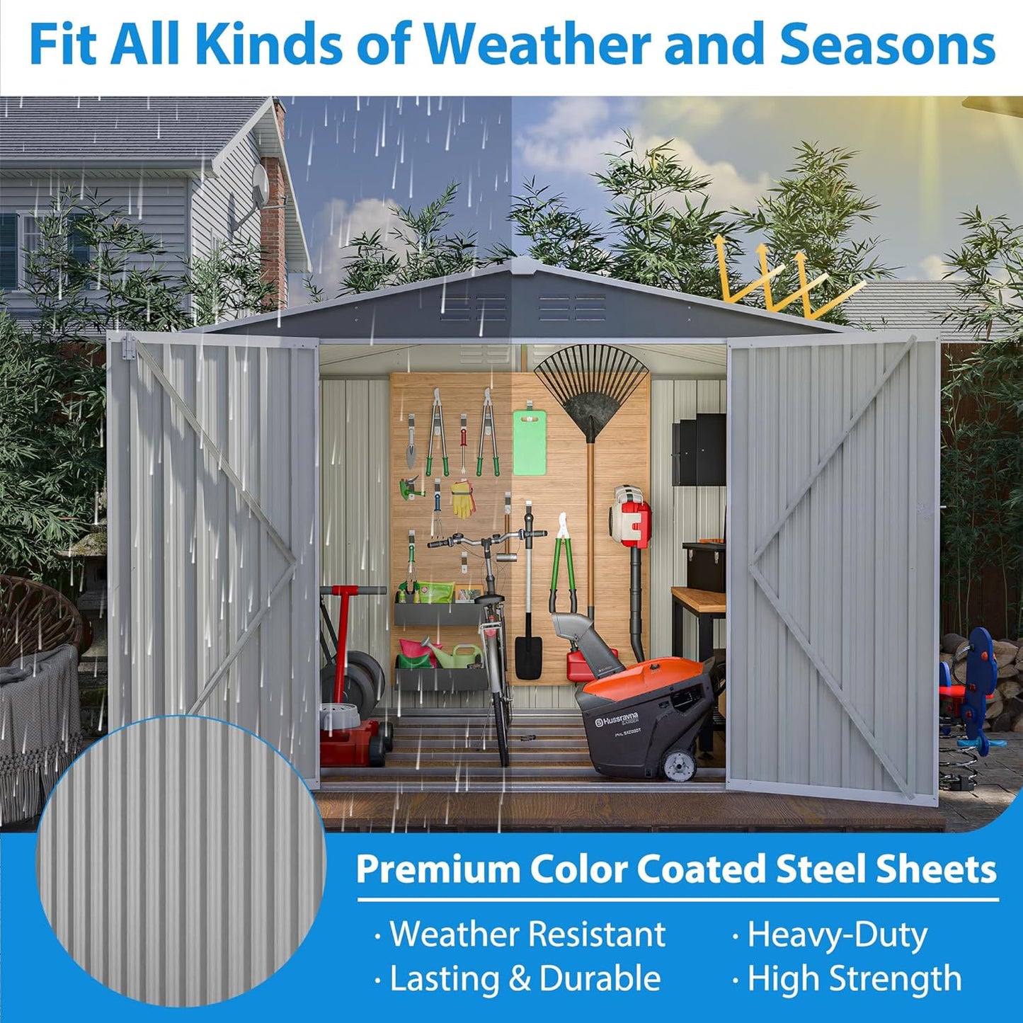 8 x 6 FT Outdoor Storage Metal Shed, Bike Garden Tool Shed with Slooping Roof, Lockable Doors and Aluminum Frames, Shed Easy to Assemble for Garden, Patio, Lawn, Grey