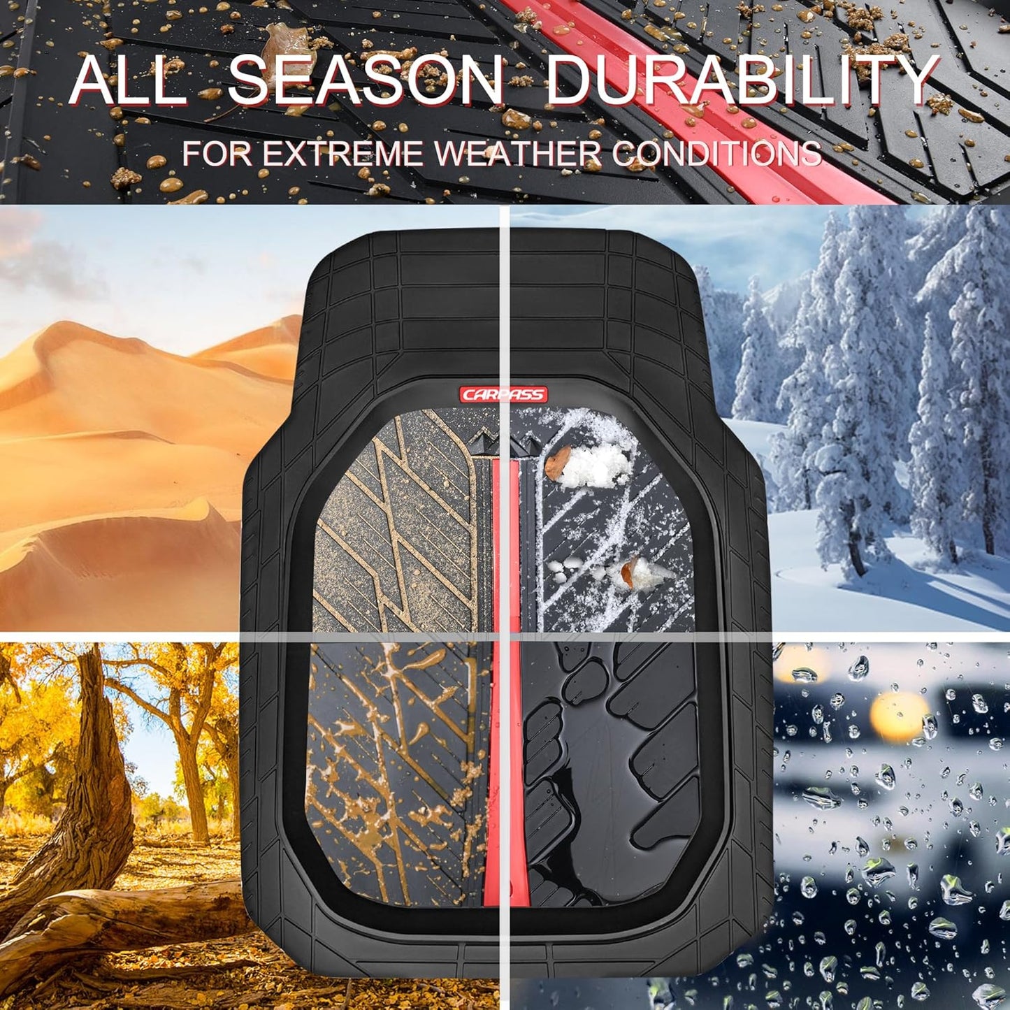 CAR PASS Tire Tread DeepDish Rubber Floor Mats for car Heavy Duty car mats All Weather, Universal XL~M Trim to Fit for Truck SUV Vehicle Automotive, Waterproof car mats 3 Piece (red Black)