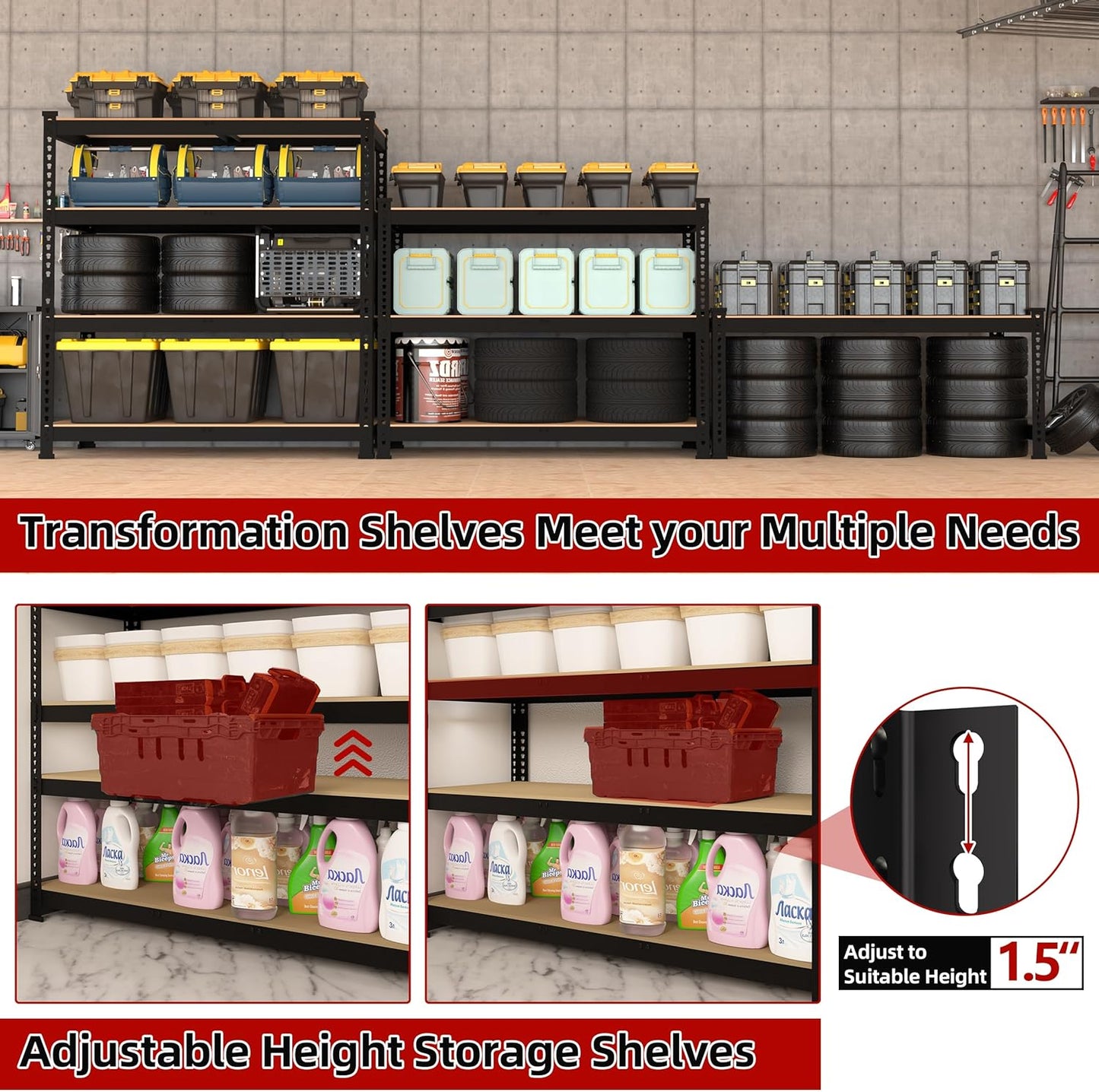 4 Packs 36" W x 16" D x 55" H Adjustable Garage Storage Shelves - 4-Shelf Heavy Duty Shelving Unit, Metal Utility Storage Organizer Racks for Warehouse Pantry Closet Kitchen, Black