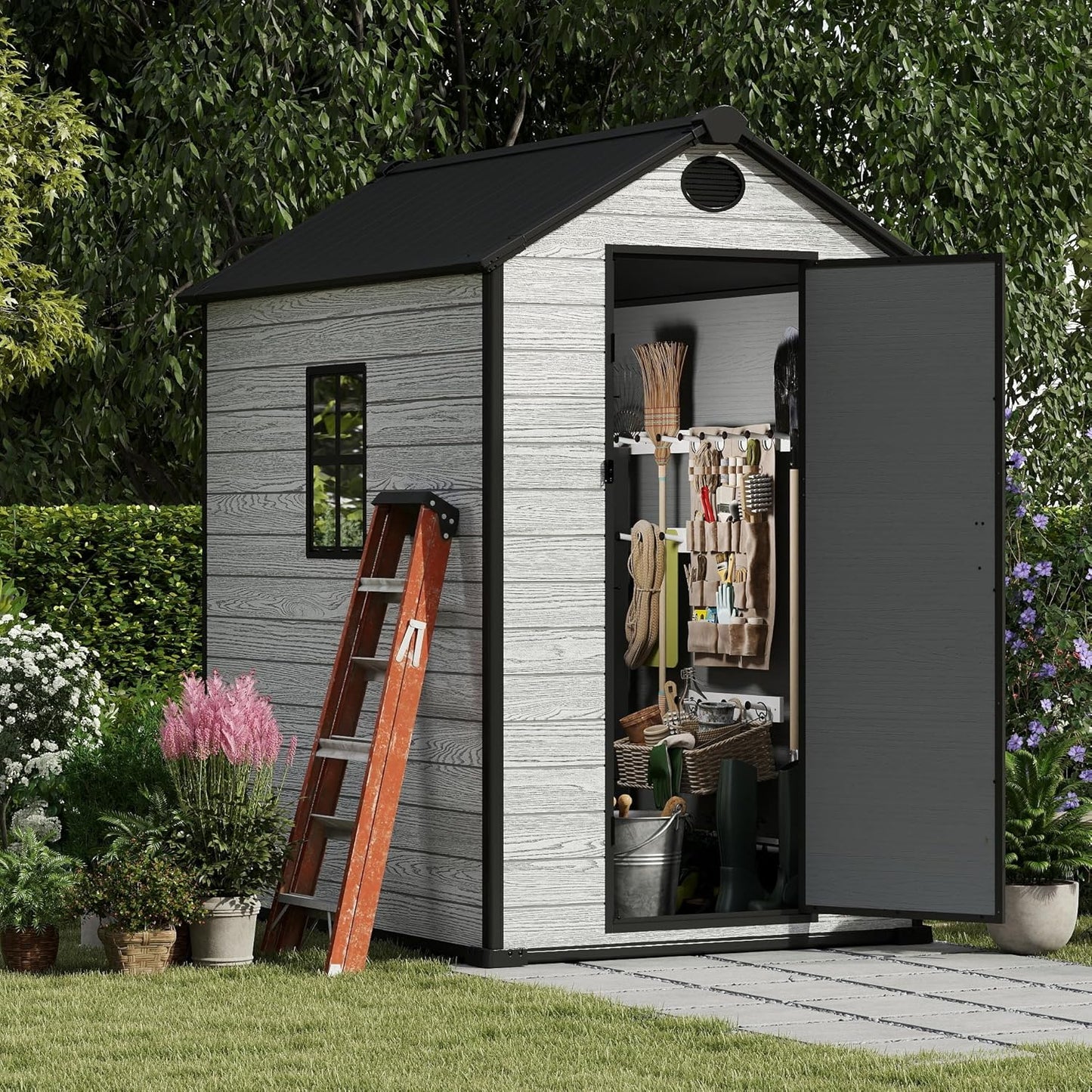 4.4x6 FT Resin Outdoor Storage Shed Large, 230 Cuft Garden Tool Sheds & Outdoor Storage Plastic Shed with Floor, 7FT Tall Backyard Outside Lawn Mower Storage Shed with Side Window, Cemented Grey