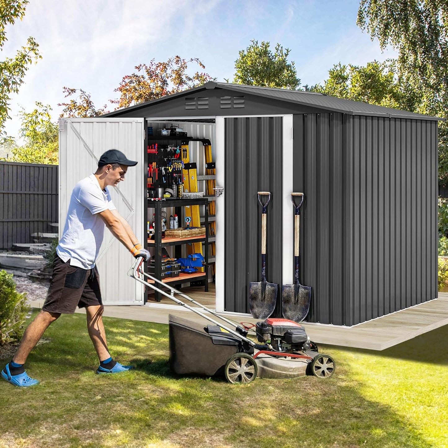 DWVO 8'x6' Large Metal Outdoor Storage Shed, Heavy Duty Tool Storage Sheds for Backyard Patio Lawn - Ideal for Bicycles, Garden Tools, and Lawn Equipment, Easy-to-Assemble, Dark Gray