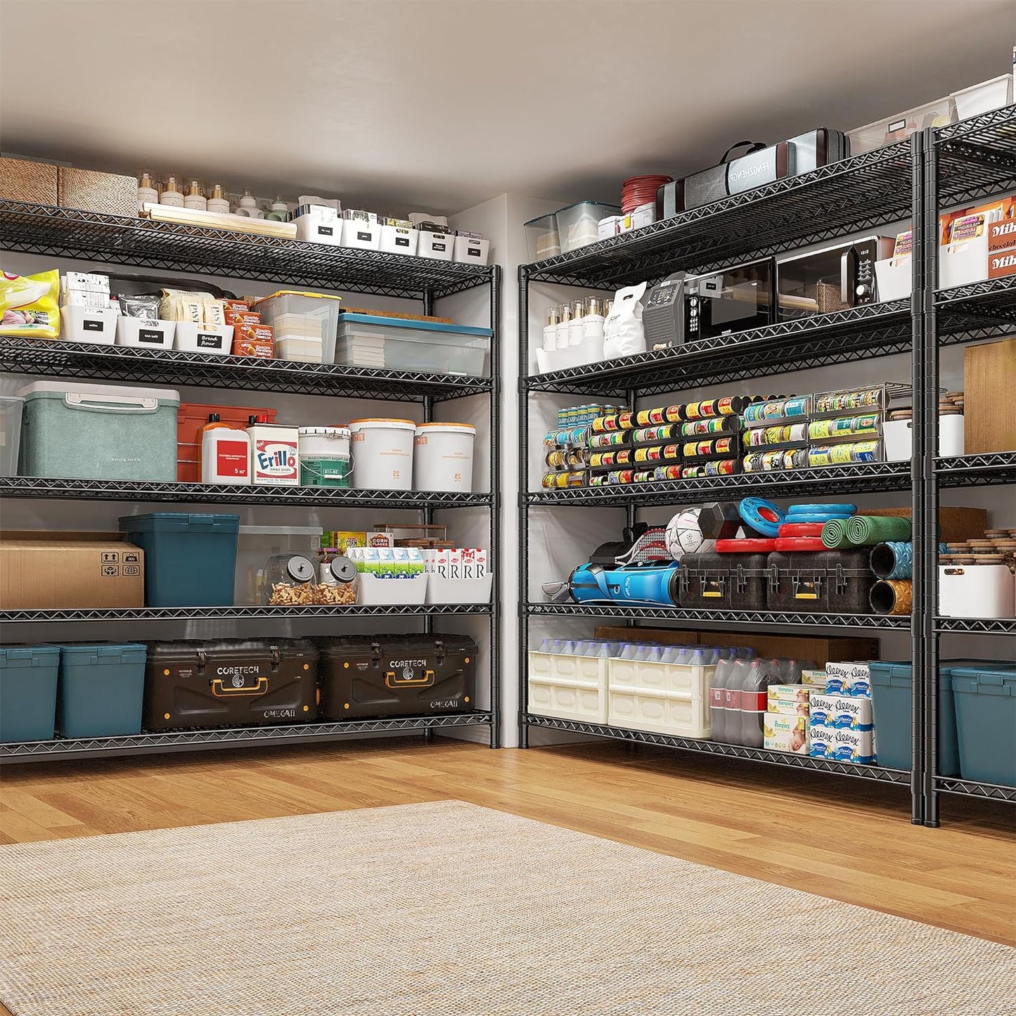 REIBII 85.7"H Storage Shelves 2998LBS Metal Shelving Units with Wheels&Feet, 5 Tier Garage Shelving Heavy Duty Adjustable Wire Shelf for Pantry Garage Commercial Industrials, 85.7"H X 55.5"W X 24.2"D