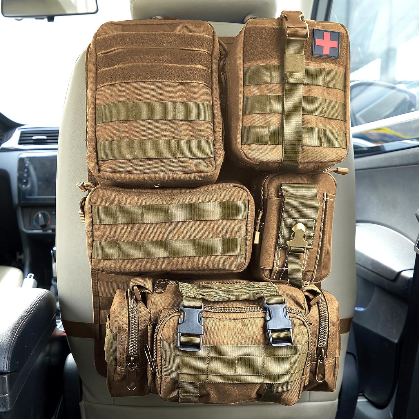 Universal Tactical Seat Back Organizer Vehicle Molle Panel Organizer Storage Bag with 5 Detachable Molle Pouch for All Vehicel Such as Jeep,Truck,SUV, Car, Ford,Chevy etc