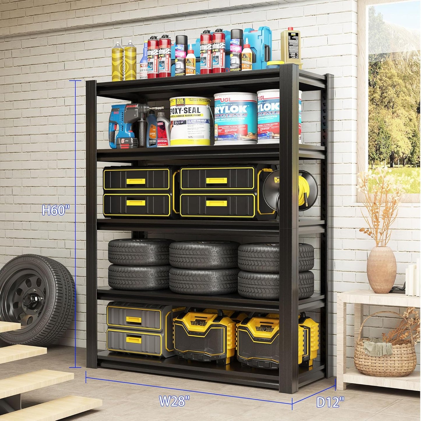 Metal Storage Shelving Heavy Duty, Shelves Unit for Garage, Adjustable 5 Tier Storage Rack, Industrial Utility Shelf for Garage, Warehouse, Basement, Kitchen,12"D x 27.6"W x 60.8"H, Black