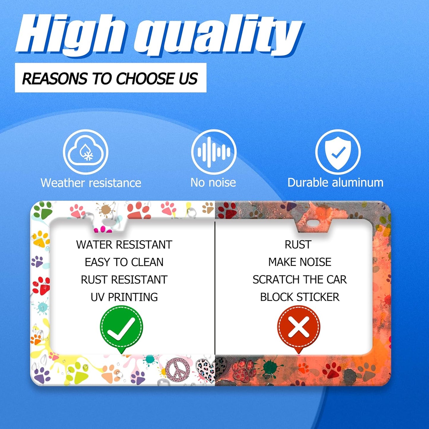 Dog Cat Paw License Plate Frame Colorful Paws License Plate Stainless Steel Funny License Plate Holder for Men Women Universal Animals Car Accessories Decoration 12.3" x 6.3"