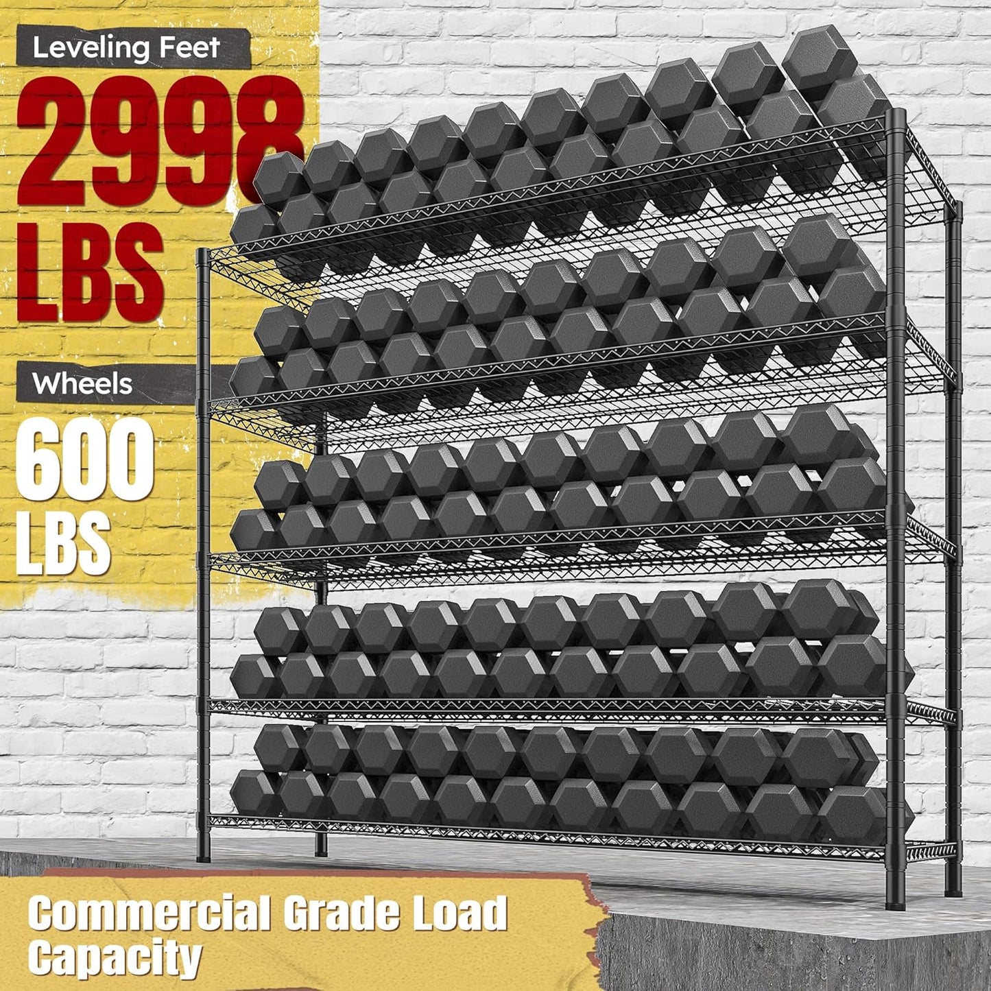 REIBII 85.7" H Storage Shelves 2998LBS Metal Shelving Unit with Wheels & Feet, 5 Tier Garage Shelving Heavy Duty Adjustable Wire Shelf for Pantry Kitchen Garage, 85.7" H X 55.5" W X 24.2" D, 2PCS