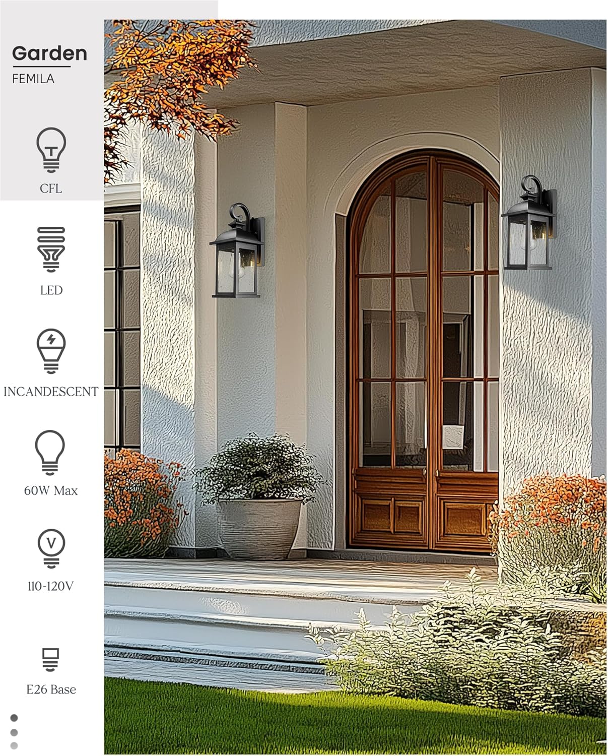 FEMILA Dusk to Dawn Outdoor Wall Sconce, 15" Matte Black Seeded Glass Outdoor Sconce Lights, Front Porch Light Fixtures Wall Mount, Garage Lights for Patio, Entryway, Garden, 4FD54B-PC BK