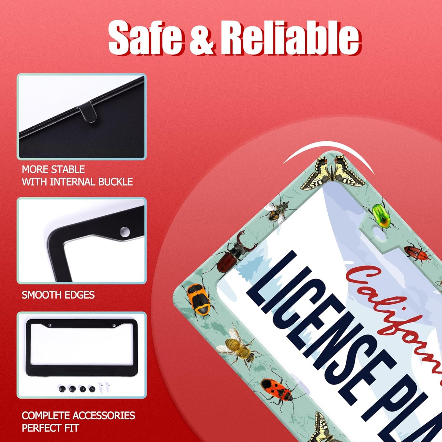 Personalized License Plate Frame Butterfly Moth Beetle Stainless Steel Accessory Animal License Plate Holder Funny Car Decorative 2 Holes Fits Us Standard License Plates 12.2 X 6.3 in for Men Women