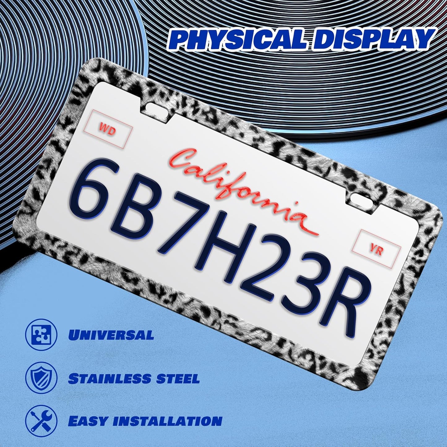 Grey Black Leopard Print License Plate Frame Cheetah License Plate Frames Personalise Stainless Steel Funny Design Compatible with Standard License Plate Holder for USA Canada 6 X 12 Inch with Screws