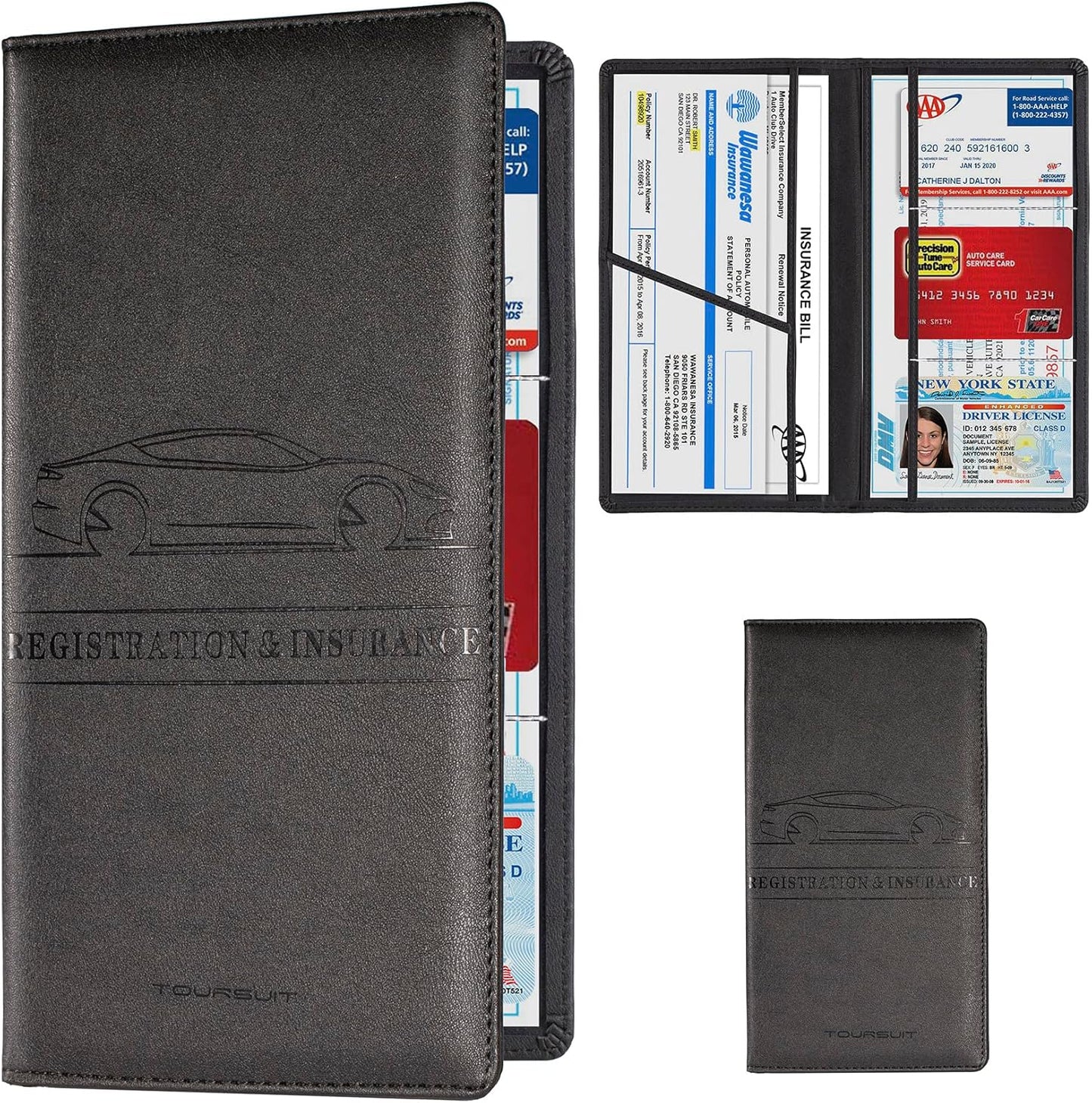 TOURSUIT Car Registration and Insurance Card Holder, Vehicle License Document Glove Box Compartment Organizer, Interior Car Accessories for Women Men Teens (Black)