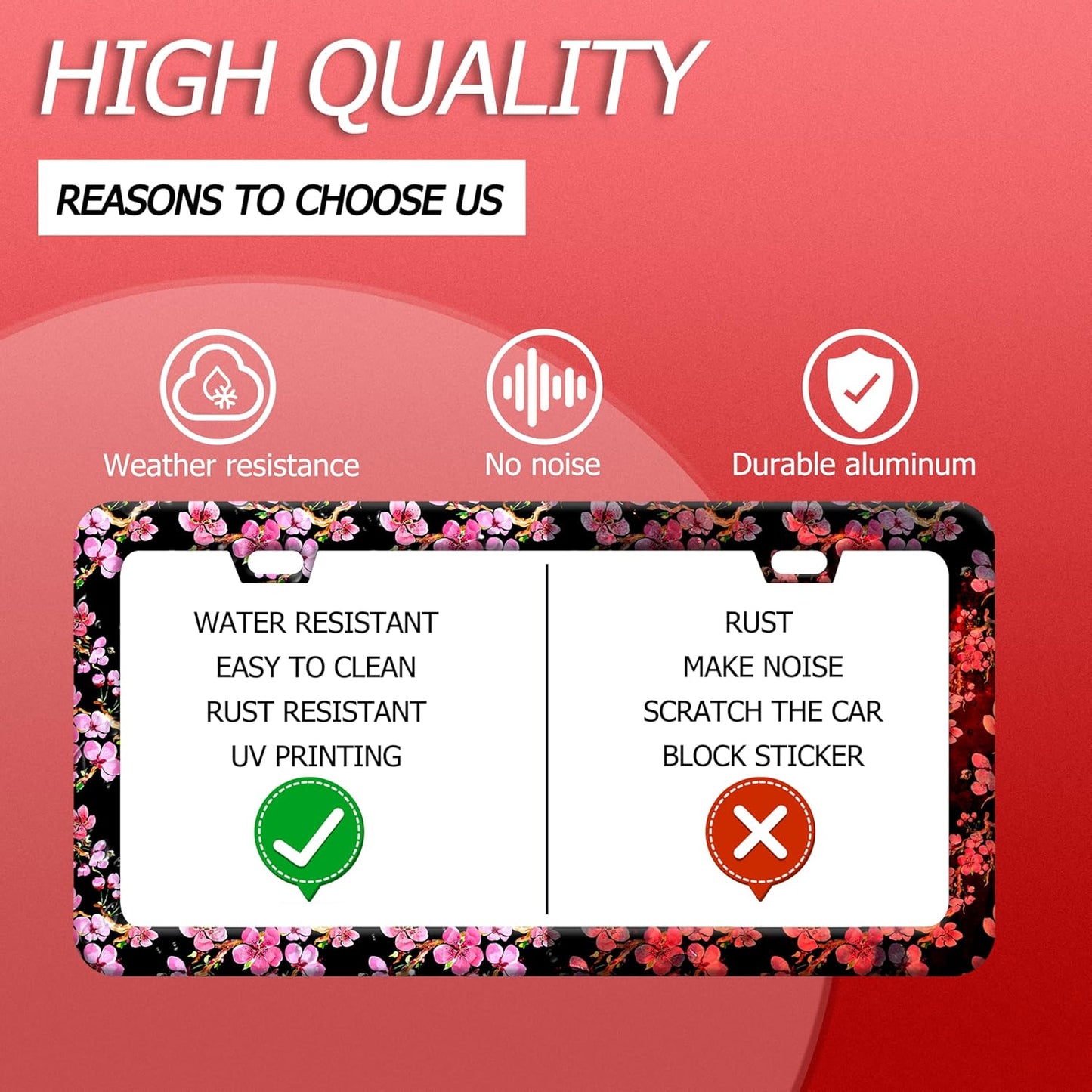 Cherry Blossom License Plate Frame Pink Flowers License Plate Frames Funny Stainless Steel Accessories Cars Decor with 2 Holes and Screws Fits Standard Us Ca Vehicles License Plate Holder 12.2 X 6 in