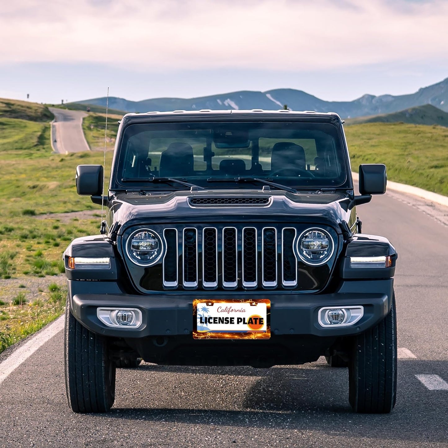 Yellow Red Thunder and Lightning License Plate Frame Fantasy Landscape License Plate Holder for Front and Rear Car Tags Stainless Steel Car Funny Decoration with Screws 6.3 X 12.2 Inch for Men Women