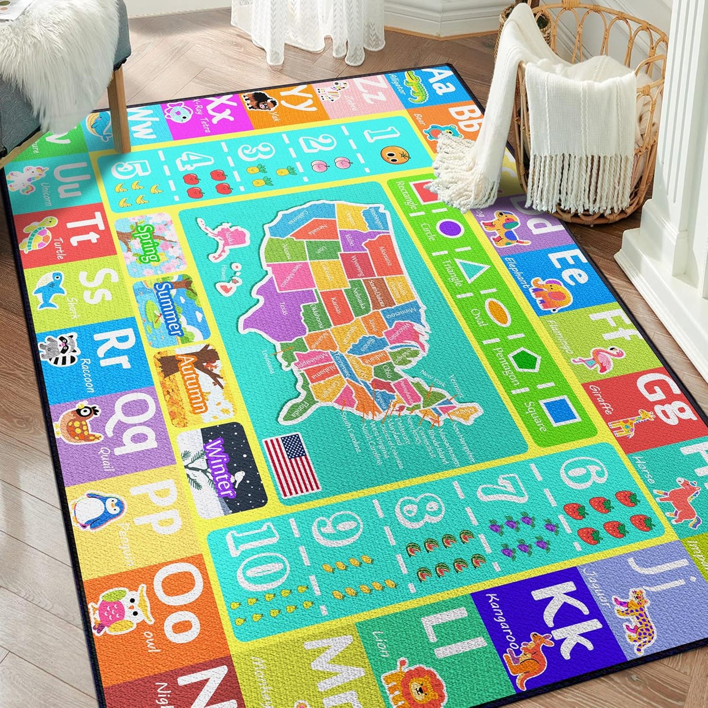 ABC Rug for Kids Playroom, 59"x39" Washable Classroom Area Rugs, Educational Learning Mat with Alphabet Numbers Animals Seasons Shapes for Classroom Preschool Playroom