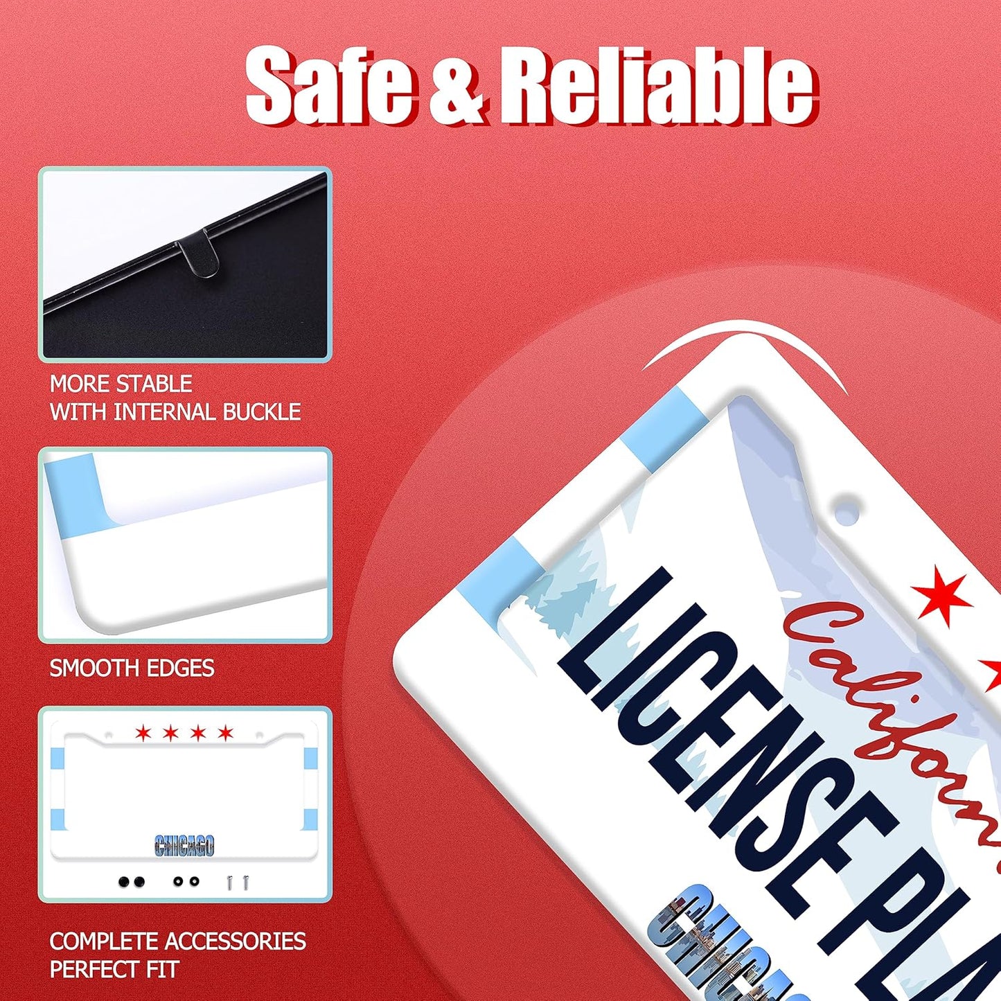 Chicago Flag License Plate Frame City Theme License Plate Stainless Steel Parts Funny License Plate Decorative with Screws Size 12.3" x 6.3" Men Women