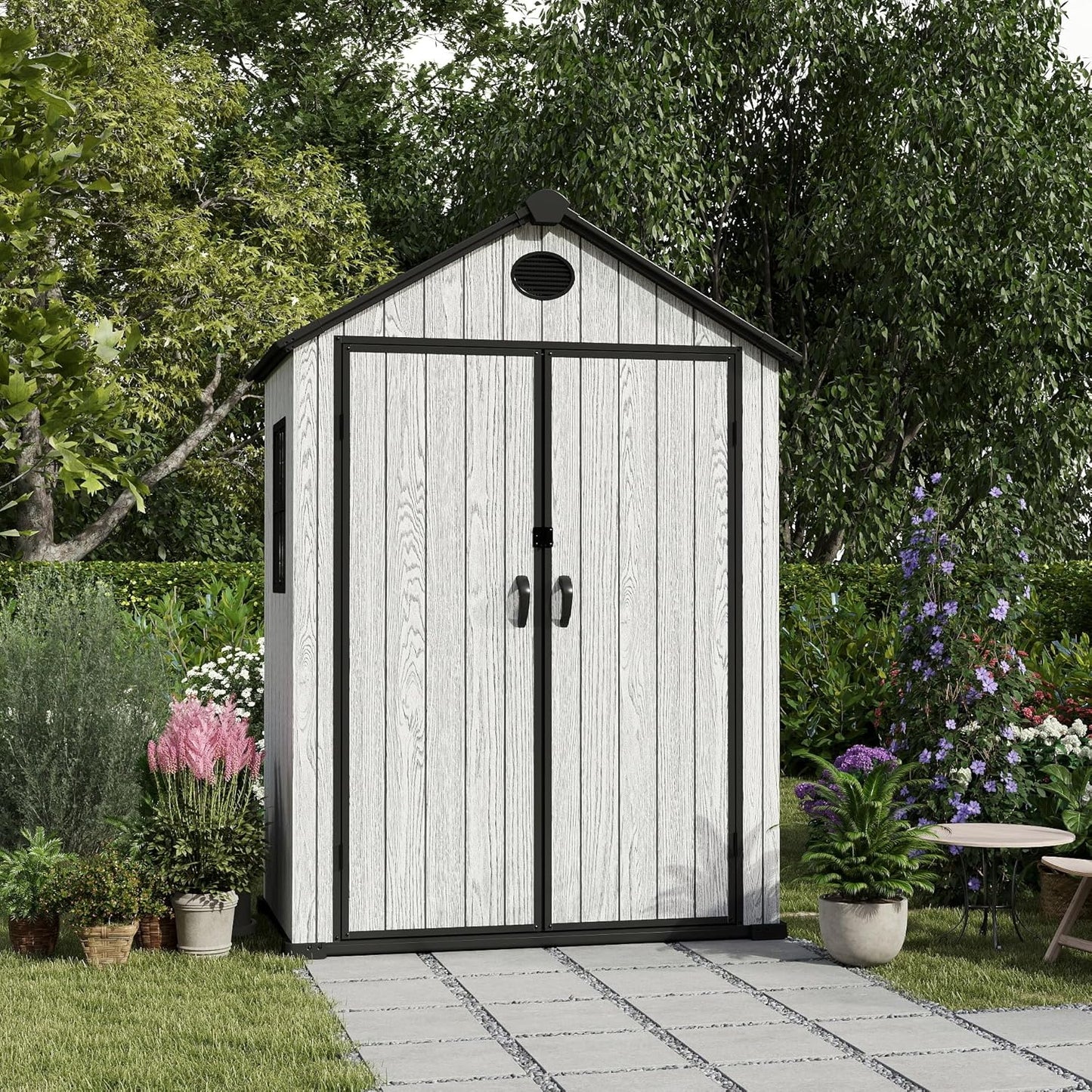 5.3x3.4 FT Resin Outdoor Storage Shed, 135 Cuft Garden Tool Sheds & Outdoor Storage Plastic Shed with Floor, 7FT Tall Backyard Outside Lawn Mower Storage Shed with Side Window, Cemented Grey